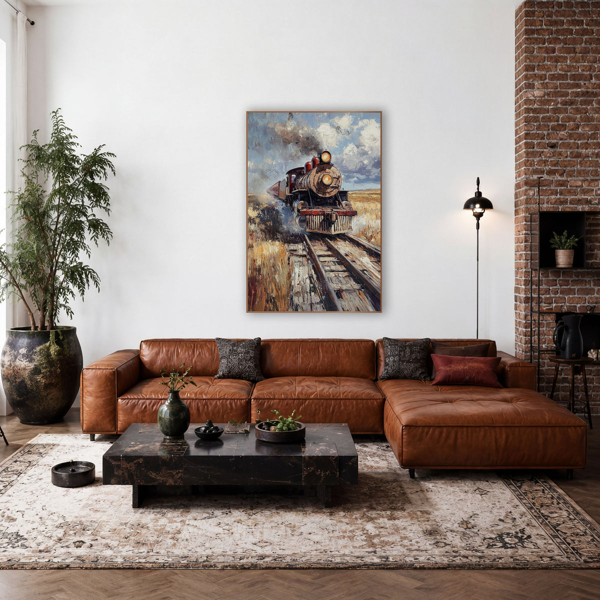 Vintage Steam Locomotive Prairie Rustic wall art in a rustic western-style room – vintage steam locomotive