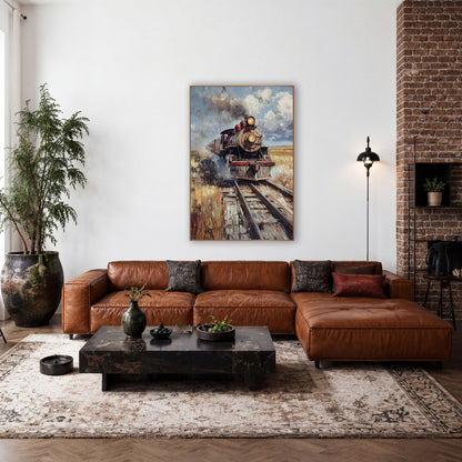 Vintage Steam Locomotive Prairie Rustic wall art in a rustic western-style room – vintage steam locomotive