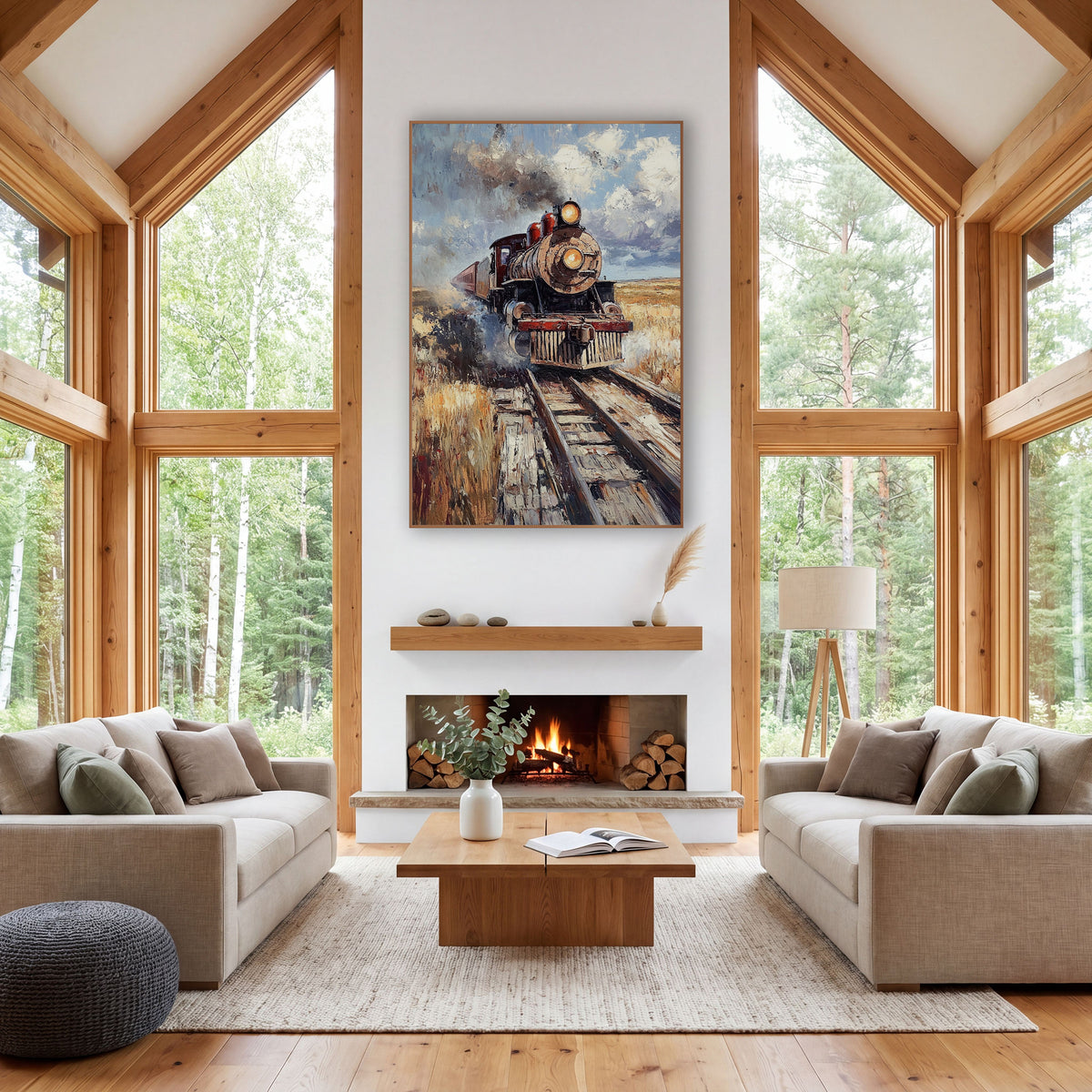 Vintage Steam Locomotive Prairie Rustic wall art in a rustic western-style room – vintage steam locomotive