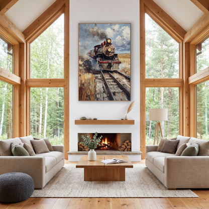 Vintage Steam Locomotive Prairie Rustic wall art in a rustic western-style room – vintage steam locomotive