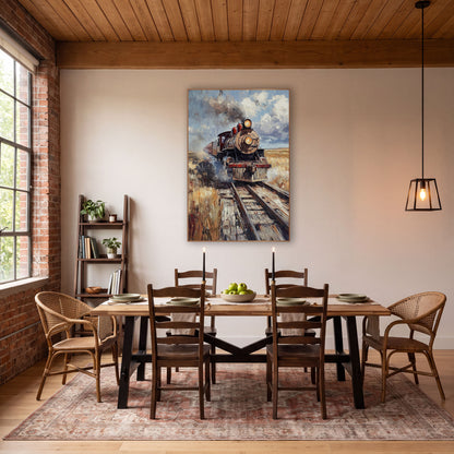 Vintage Steam Locomotive Prairie Rustic wall art in a rustic western-style room – vintage steam locomotive