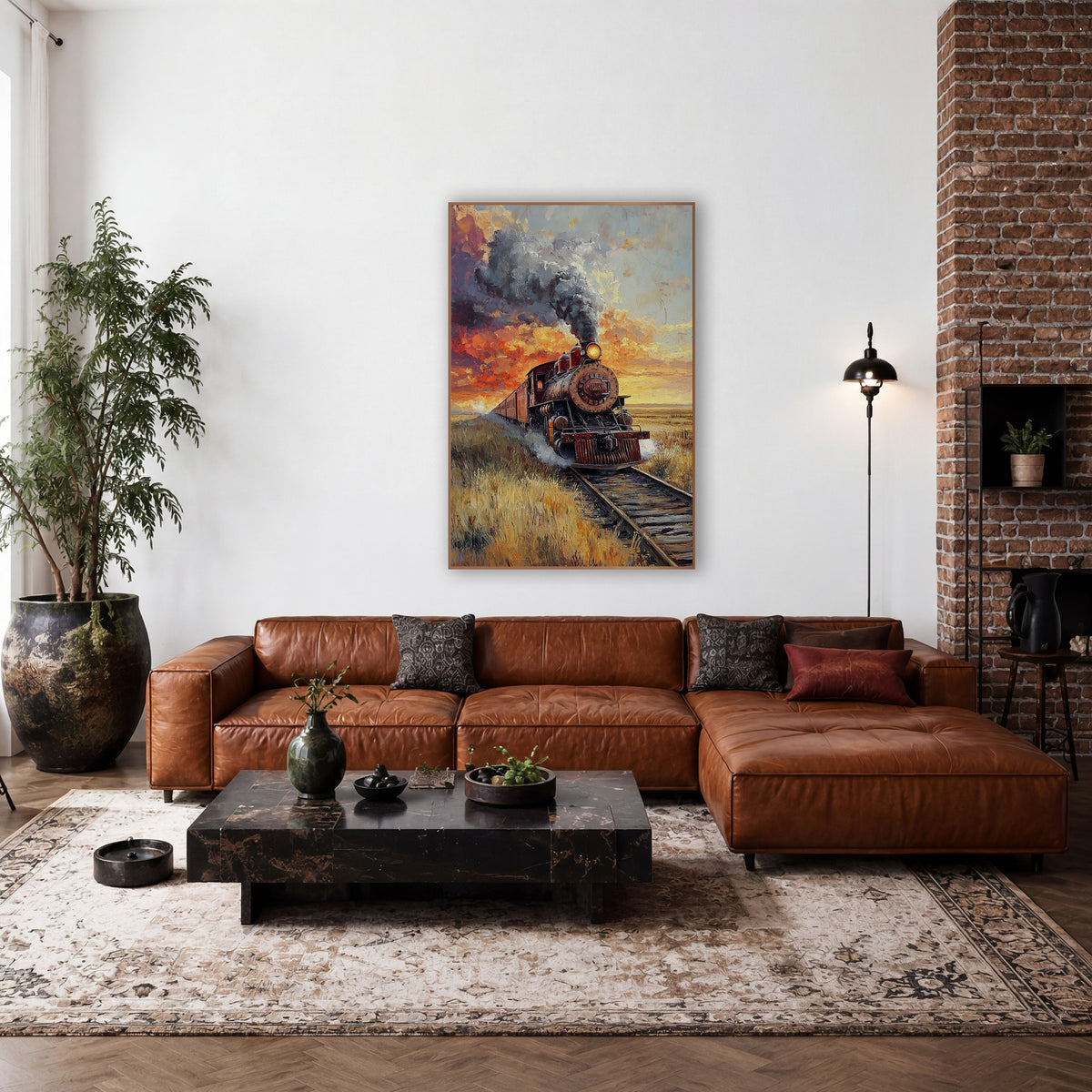Sunset Locomotive Smoke Plume Painterly wall art in a rustic western-style room – rust-red steam locomotive with dark
