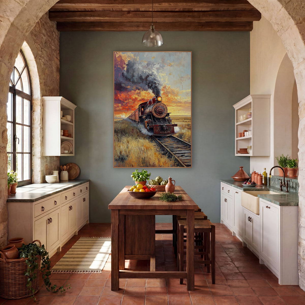 Sunset Locomotive Smoke Plume Painterly wall art in a rustic western-style room – rust-red steam locomotive with dark