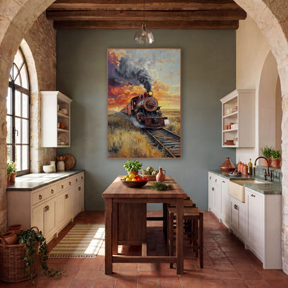 Sunset Locomotive Smoke Plume Painterly wall art in a rustic western-style room – rust-red steam locomotive with dark