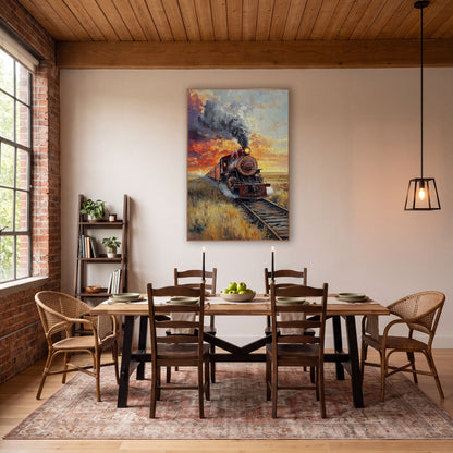 Sunset Locomotive Smoke Plume Painterly wall art in a rustic western-style room – rust-red steam locomotive with dark