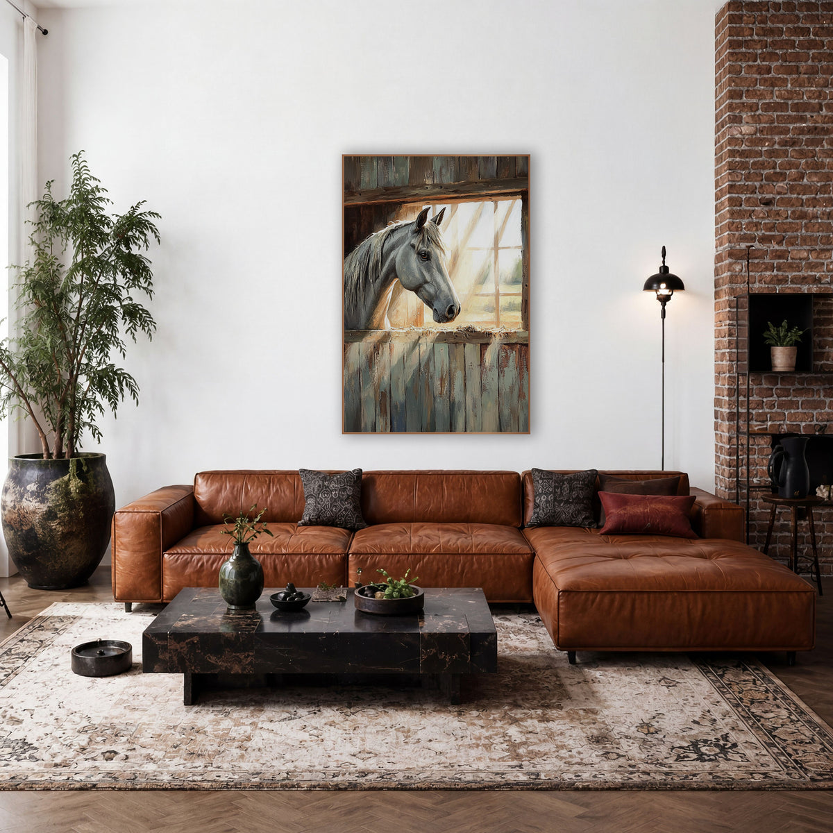 Gray Horse Barn Window Rustic wall art in a rustic western-style room – gray horse looking out of a sunlit barn window