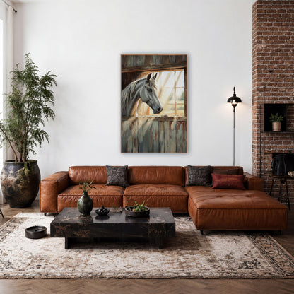 Gray Horse Barn Window Rustic wall art in a rustic western-style room – gray horse looking out of a sunlit barn window