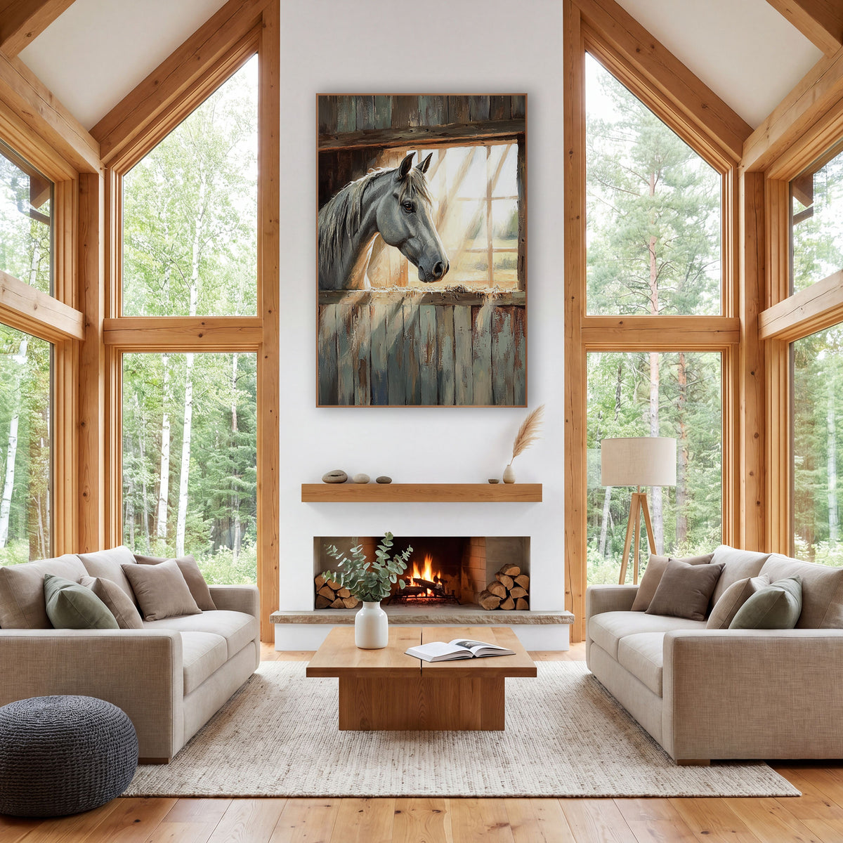 Gray Horse Barn Window Rustic wall art in a rustic western-style room – gray horse looking out of a sunlit barn window