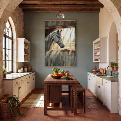 Gray Horse Barn Window Rustic wall art in a rustic western-style room – gray horse looking out of a sunlit barn window