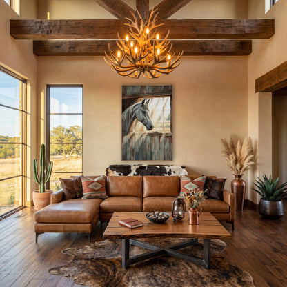 Gray Horse Barn Window Rustic wall art in a rustic western-style room – gray horse looking out of a sunlit barn window