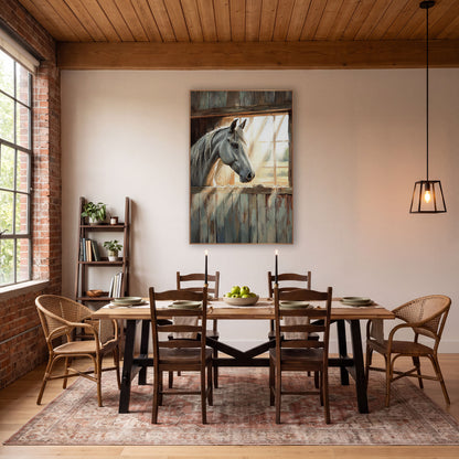 Gray Horse Barn Window Rustic wall art in a rustic western-style room – gray horse looking out of a sunlit barn window