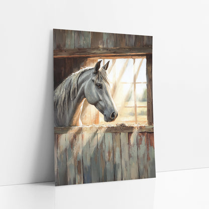 Gray Horse Barn Window Rustic art print leaning against a white wall – gray horse looking out of a sunlit barn window above