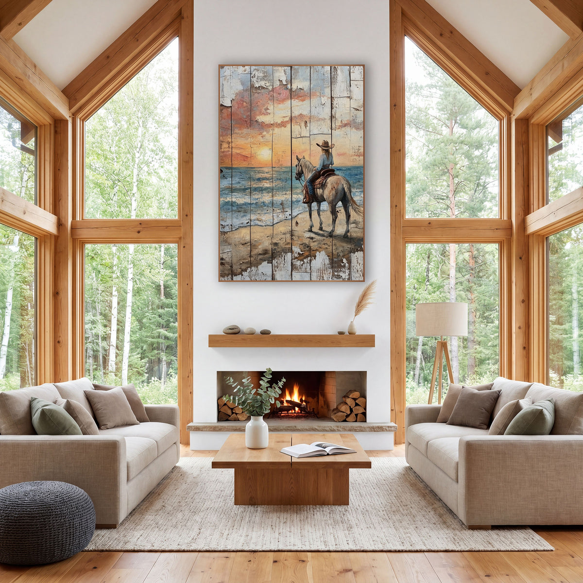 Cowgirl Facing Sunset Surf Rustic wall art in a rustic western-style room – cowgirl in a brown hat on a gray horse