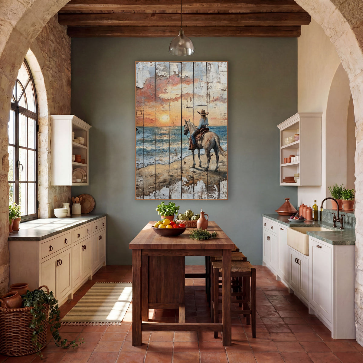 Cowgirl Facing Sunset Surf Rustic wall art in a rustic western-style room – cowgirl in a brown hat on a gray horse