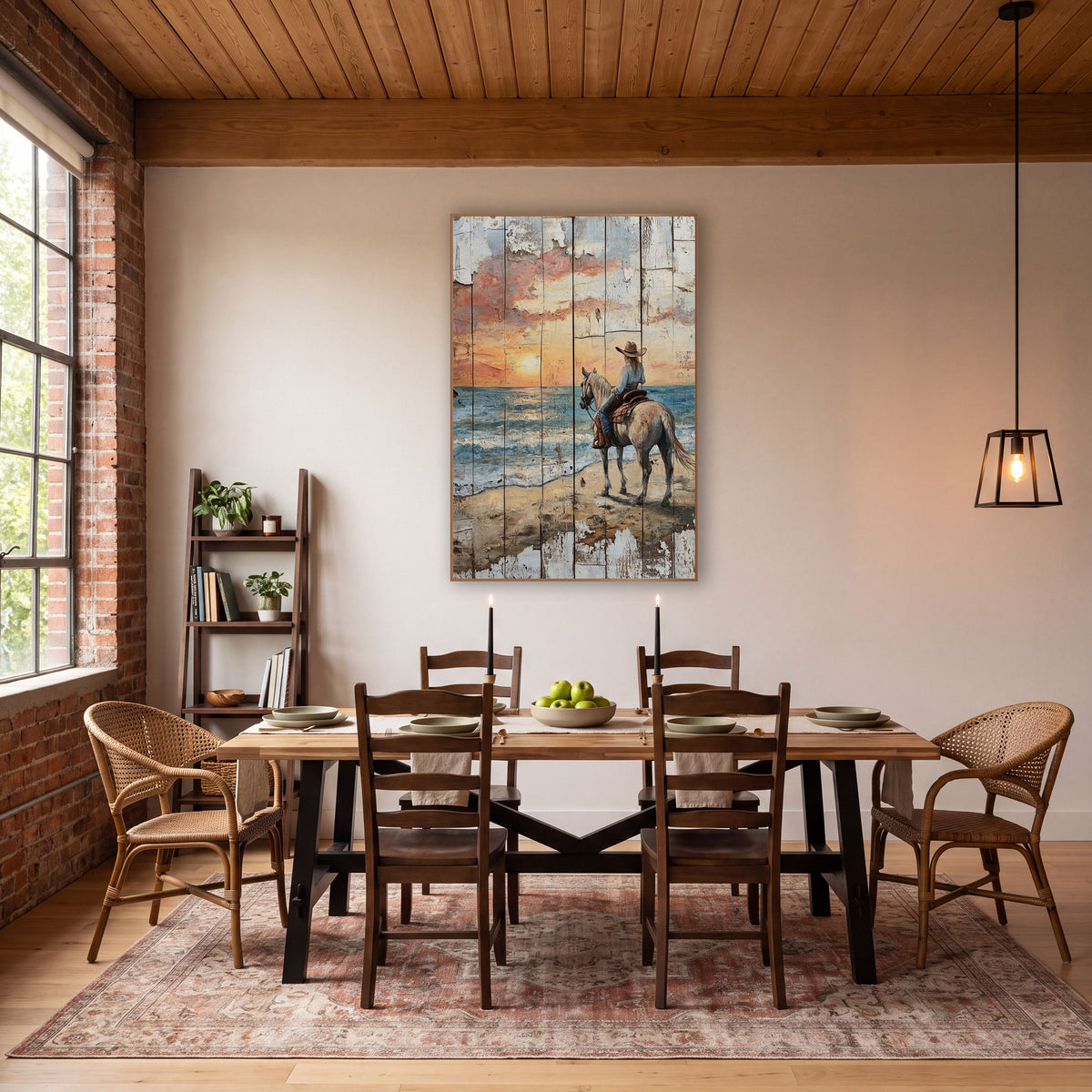 Cowgirl Facing Sunset Surf Rustic wall art in a rustic western-style room – cowgirl in a brown hat on a gray horse