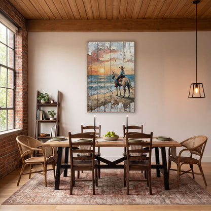 Cowgirl Facing Sunset Surf Rustic wall art in a rustic western-style room – cowgirl in a brown hat on a gray horse