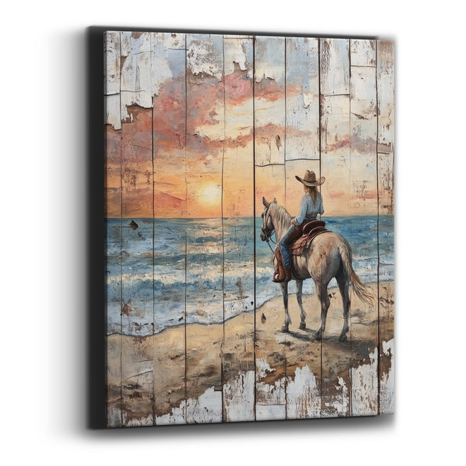 Cowgirl Facing Sunset Surf Rustic Canvas Wall Art