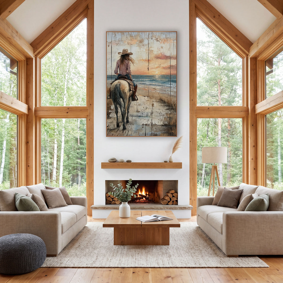 Cowgirl Riding Seaside Sunset Western wall art in a rustic western-style room – cowgirl in a hat riding a pale horse