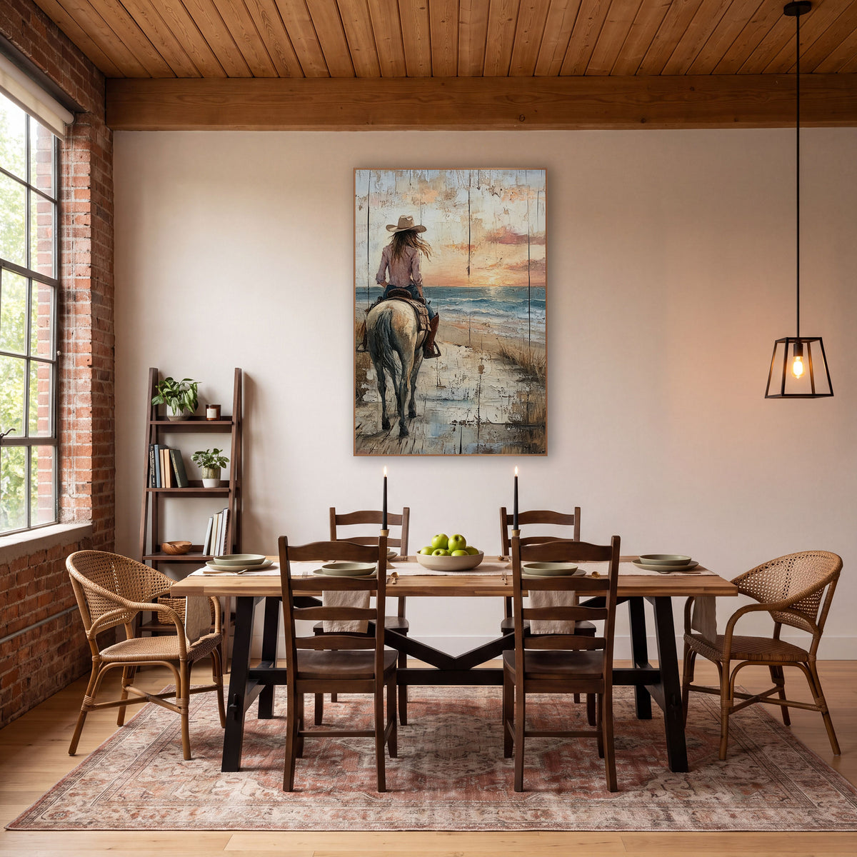 Cowgirl Riding Seaside Sunset Western wall art in a rustic western-style room – cowgirl in a hat riding a pale horse