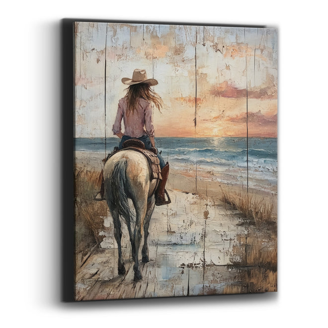 Cowgirl Riding Seaside Sunset Western Canvas Wall Art