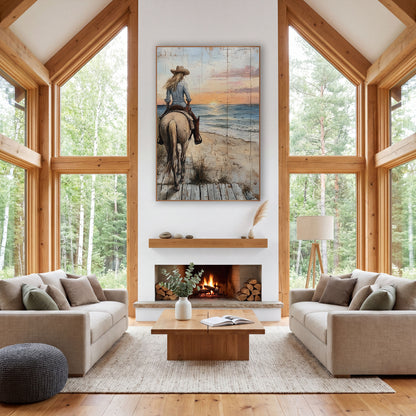 Cowgirl Rear View Boardwalk Dusk wall art in a rustic western-style room – cowgirl in tan hat riding a cream horse