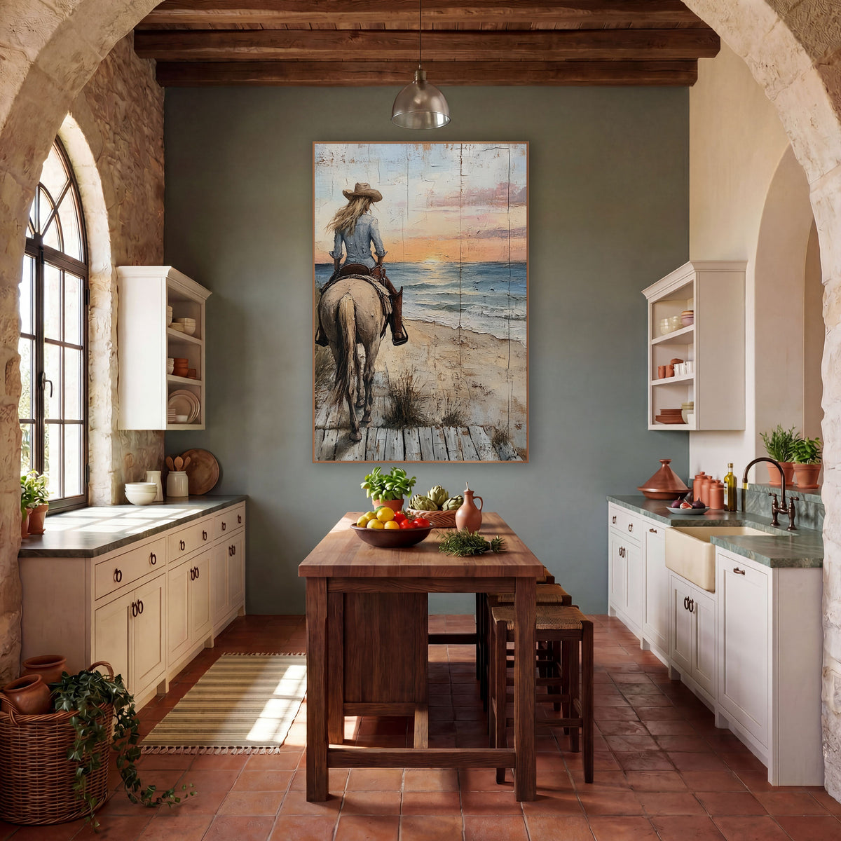 Cowgirl Rear View Boardwalk Dusk wall art in a rustic western-style room – cowgirl in tan hat riding a cream horse