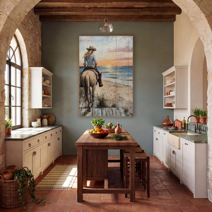 Cowgirl Rear View Boardwalk Dusk wall art in a rustic western-style room – cowgirl in tan hat riding a cream horse