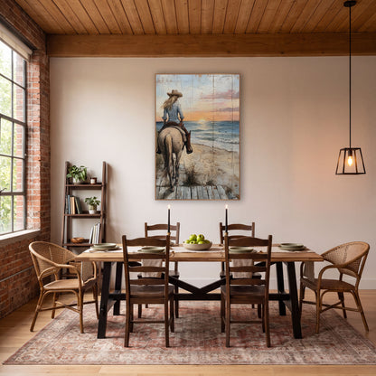 Cowgirl Rear View Boardwalk Dusk wall art in a rustic western-style room – cowgirl in tan hat riding a cream horse
