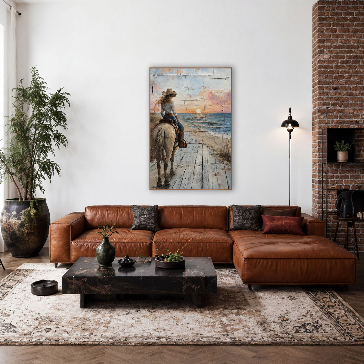 Cowgirl Horseback Seaside Sunset Western wall art in a rustic western-style room – cowgirl in a tan hat on a pale