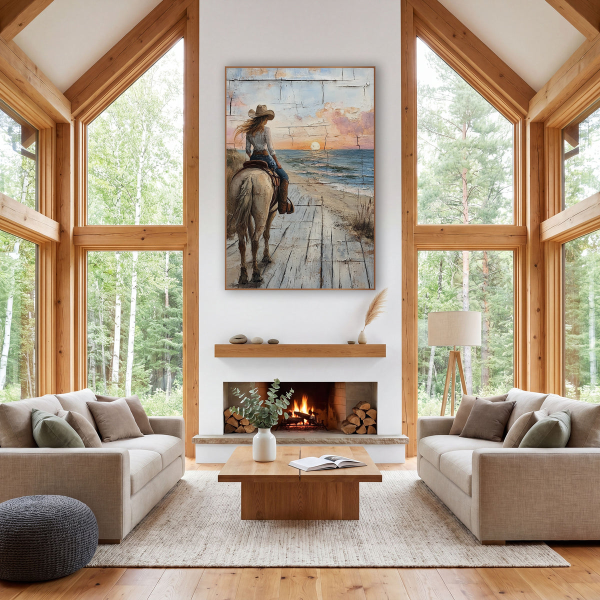 Cowgirl Horseback Seaside Sunset Western wall art in a rustic western-style room – cowgirl in a tan hat on a pale