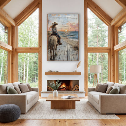 Cowgirl Horseback Seaside Sunset Western wall art in a rustic western-style room – cowgirl in a tan hat on a pale