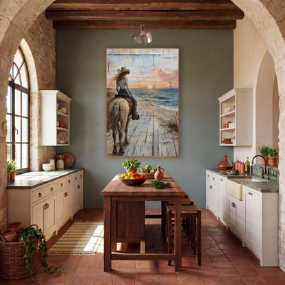 Cowgirl Horseback Seaside Sunset Western wall art in a rustic western-style room – cowgirl in a tan hat on a pale