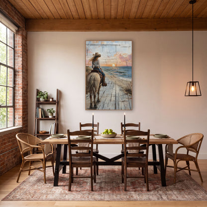 Cowgirl Horseback Seaside Sunset Western wall art in a rustic western-style room – cowgirl in a tan hat on a pale