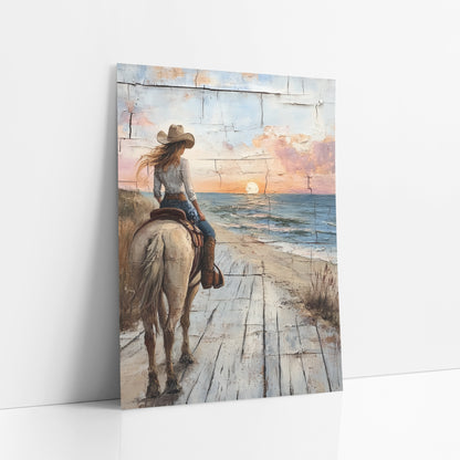 Cowgirl Horseback Seaside Sunset Western art print leaning against a white wall – cowgirl in a tan hat on a pale horse