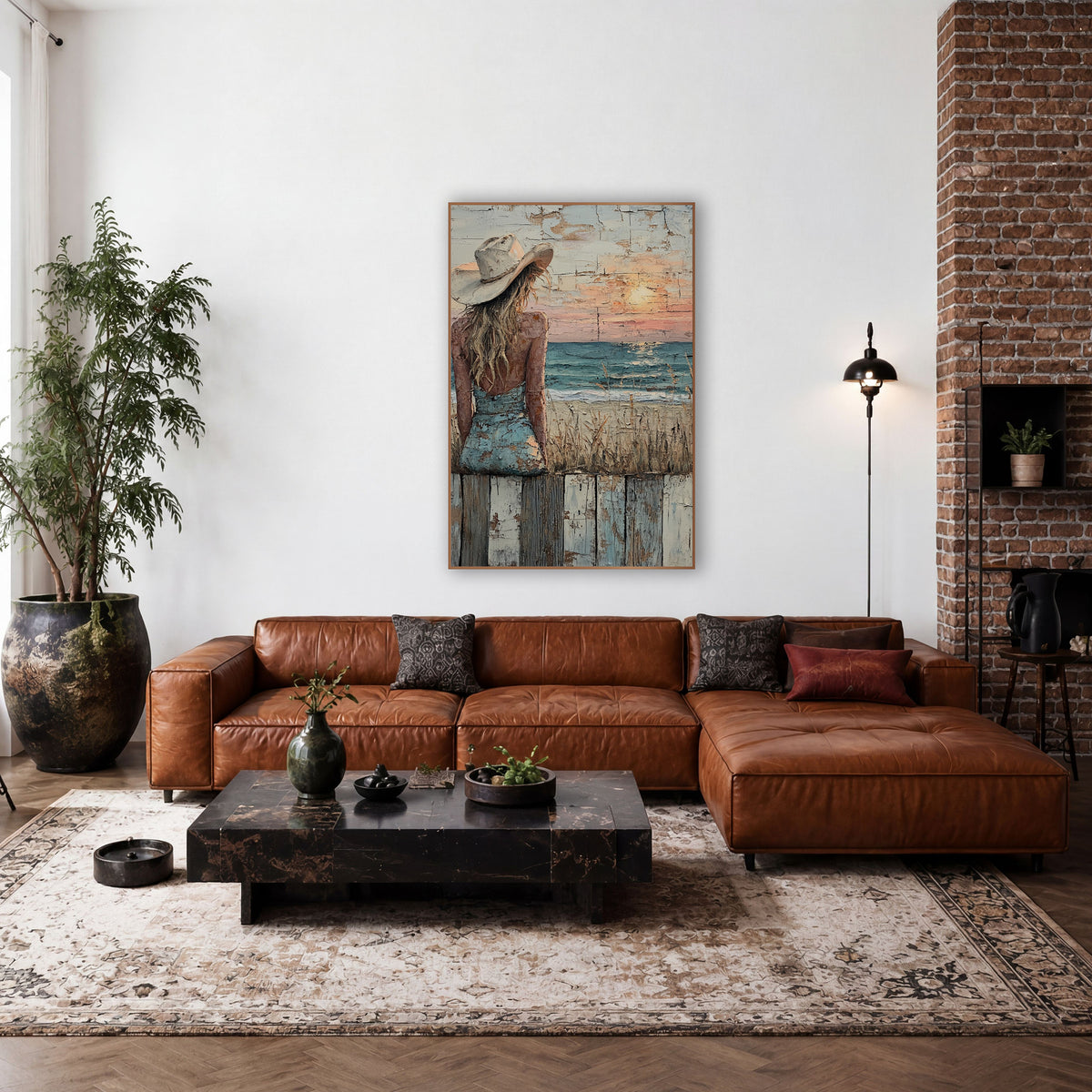 Cowgirl Watching Seaside Sunset Western wall art in a rustic western-style room – woman in a cream cowboy hat and blue