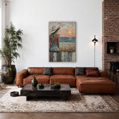 Cowgirl Watching Seaside Sunset Western wall art in a rustic western-style room – woman in a cream cowboy hat and blue
