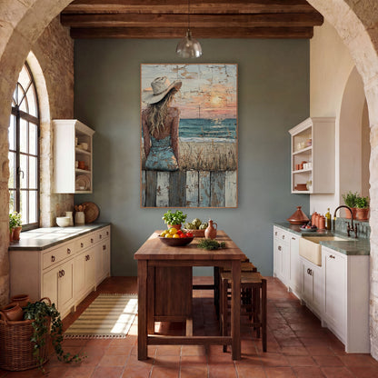 Cowgirl Watching Seaside Sunset Western wall art in a rustic western-style room – woman in a cream cowboy hat and blue