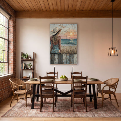 Cowgirl Watching Seaside Sunset Western wall art in a rustic western-style room – woman in a cream cowboy hat and blue