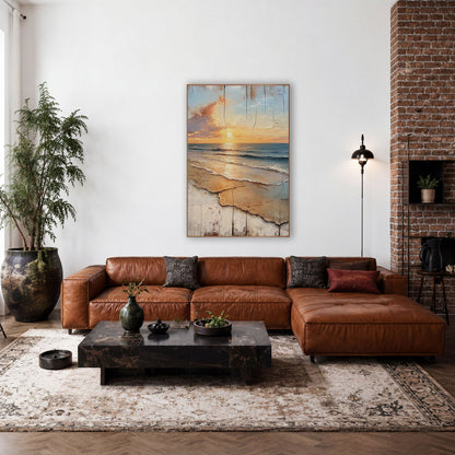 Golden Shore Sunrise Coastal Rustic wall art in a rustic western-style room – golden sun low over blue waves and tan
