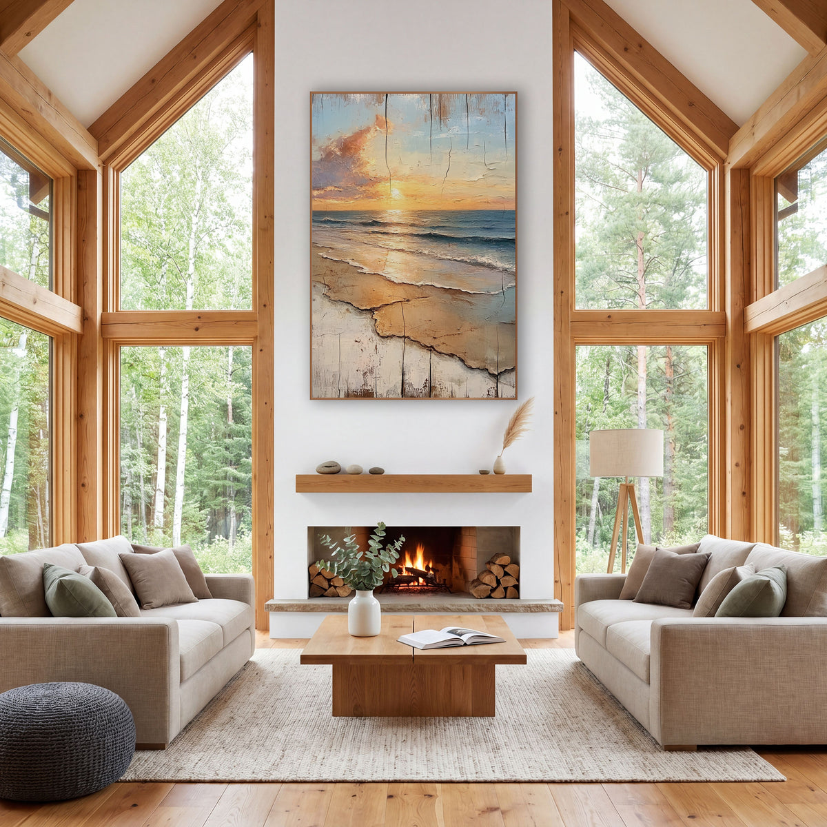Golden Shore Sunrise Coastal Rustic wall art in a rustic western-style room – golden sun low over blue waves and tan