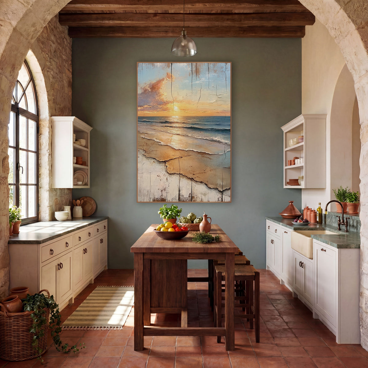 Golden Shore Sunrise Coastal Rustic wall art in a rustic western-style room – golden sun low over blue waves and tan