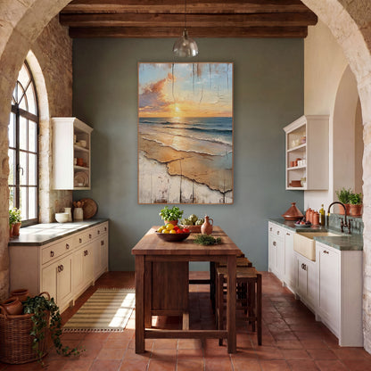 Golden Shore Sunrise Coastal Rustic wall art in a rustic western-style room – golden sun low over blue waves and tan