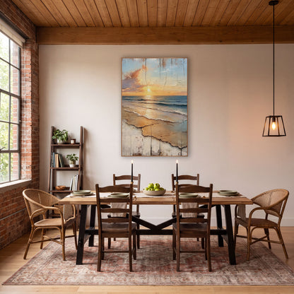 Golden Shore Sunrise Coastal Rustic wall art in a rustic western-style room – golden sun low over blue waves and tan