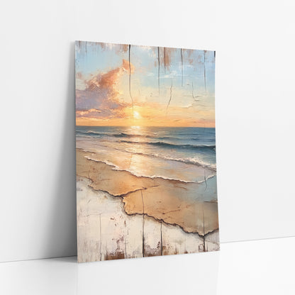 Golden Shore Sunrise Coastal Rustic art print leaning against a white wall – golden sun low over blue waves and tan sand