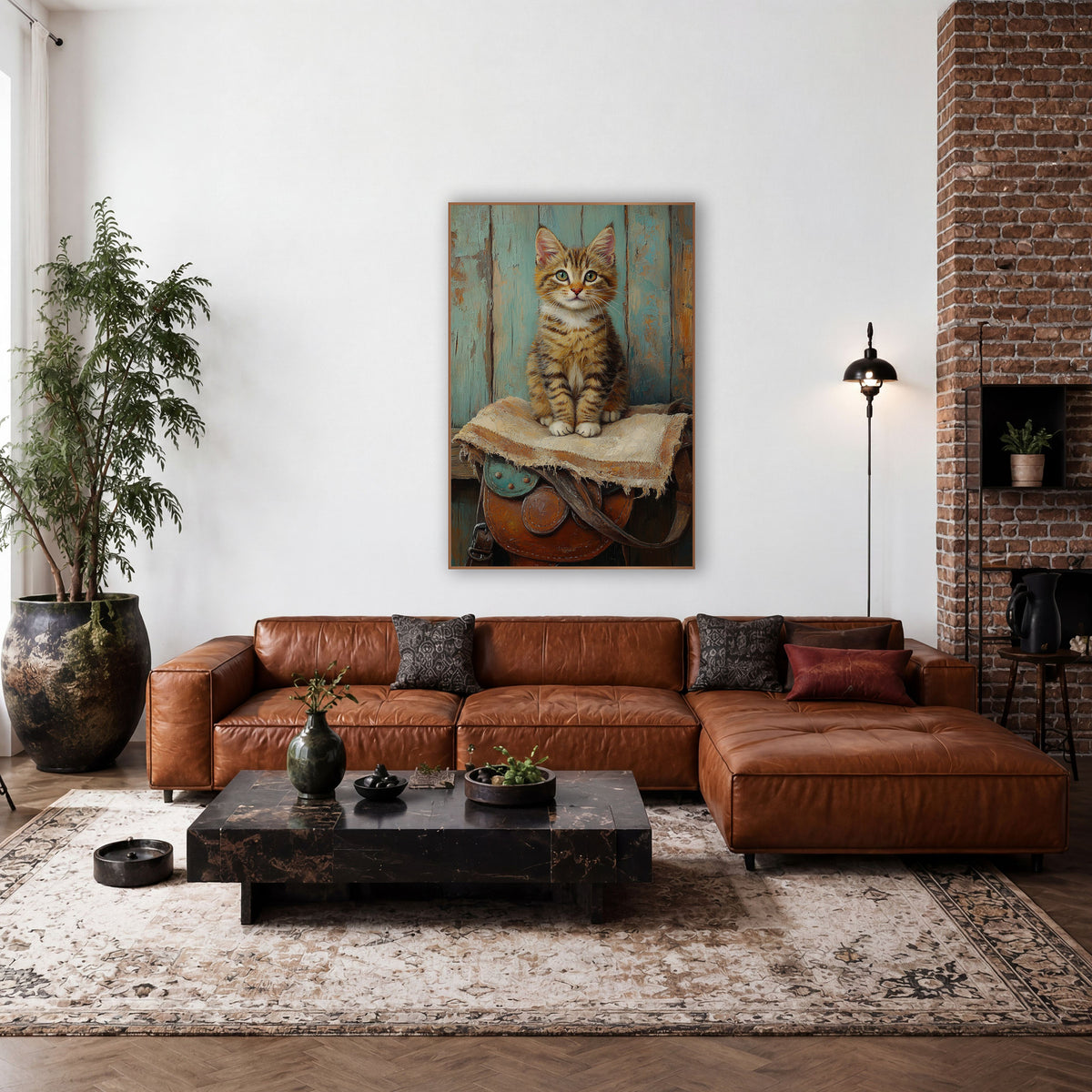 Tabby Kitten on Saddle Western wall art in a rustic western-style room – tabby kitten with green eyes sitting