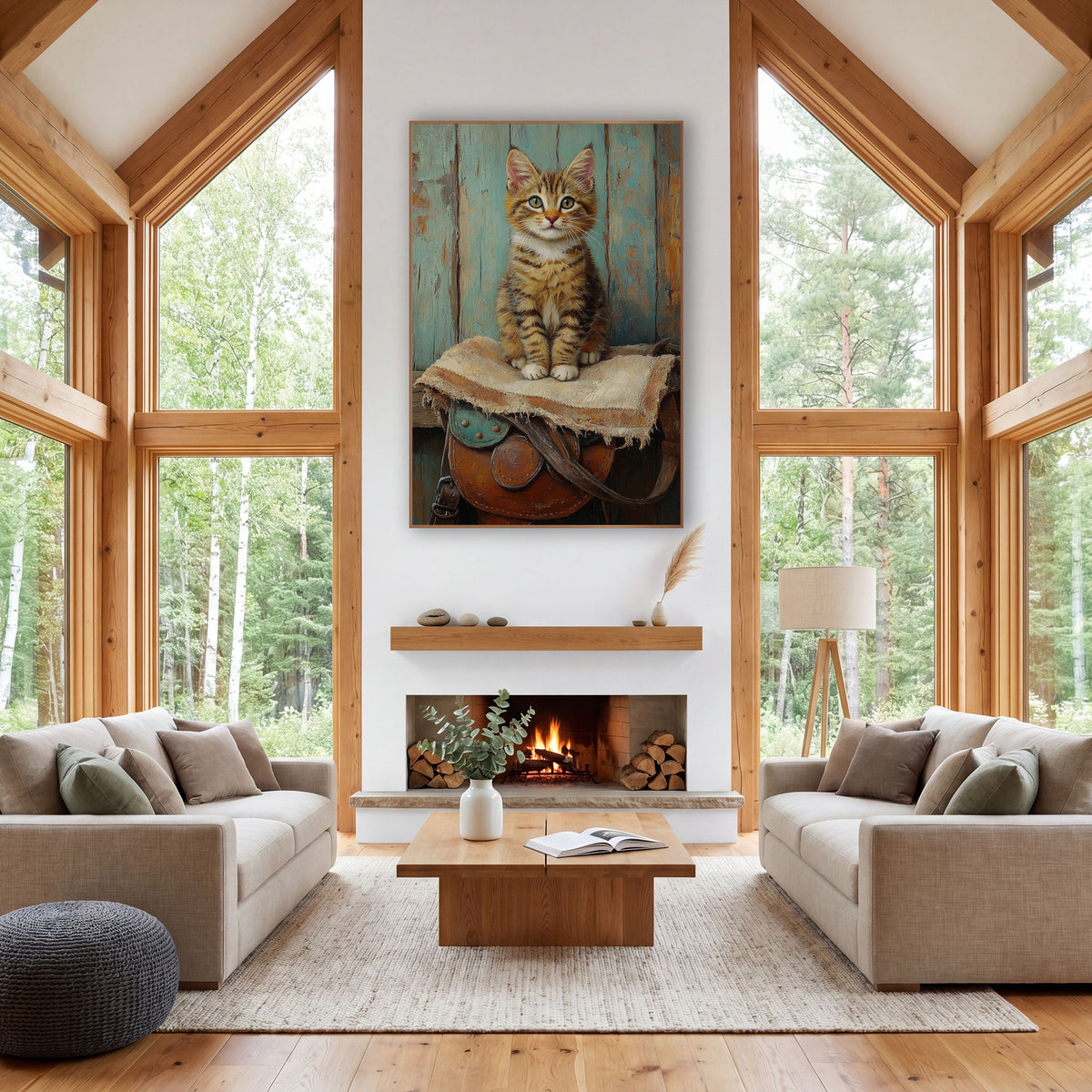 Tabby Kitten on Saddle Western wall art in a rustic western-style room – tabby kitten with green eyes sitting