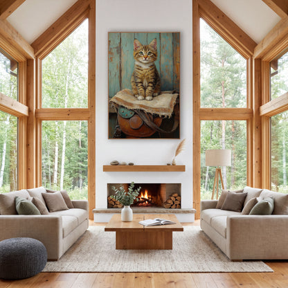 Tabby Kitten on Saddle Western wall art in a rustic western-style room – tabby kitten with green eyes sitting