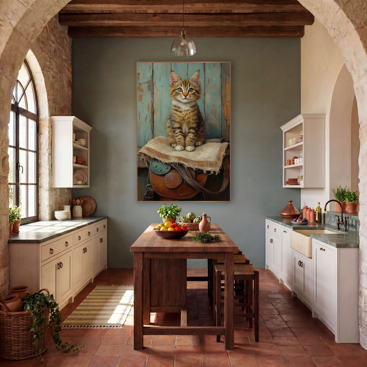 Tabby Kitten on Saddle Western wall art in a rustic western-style room – tabby kitten with green eyes sitting