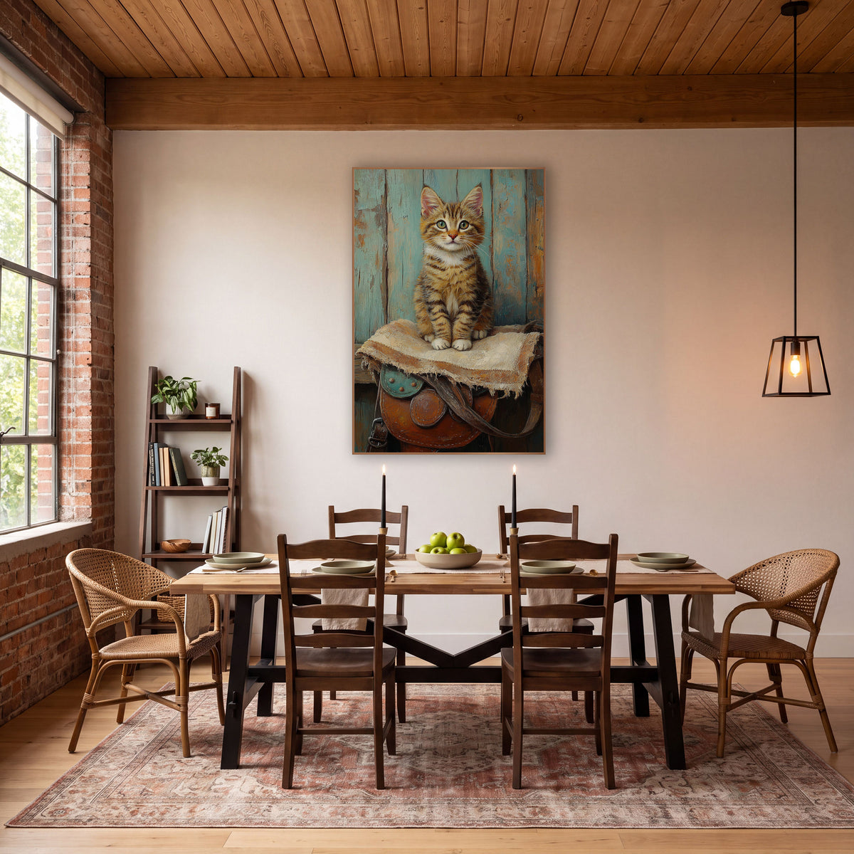 Tabby Kitten on Saddle Western wall art in a rustic western-style room – tabby kitten with green eyes sitting