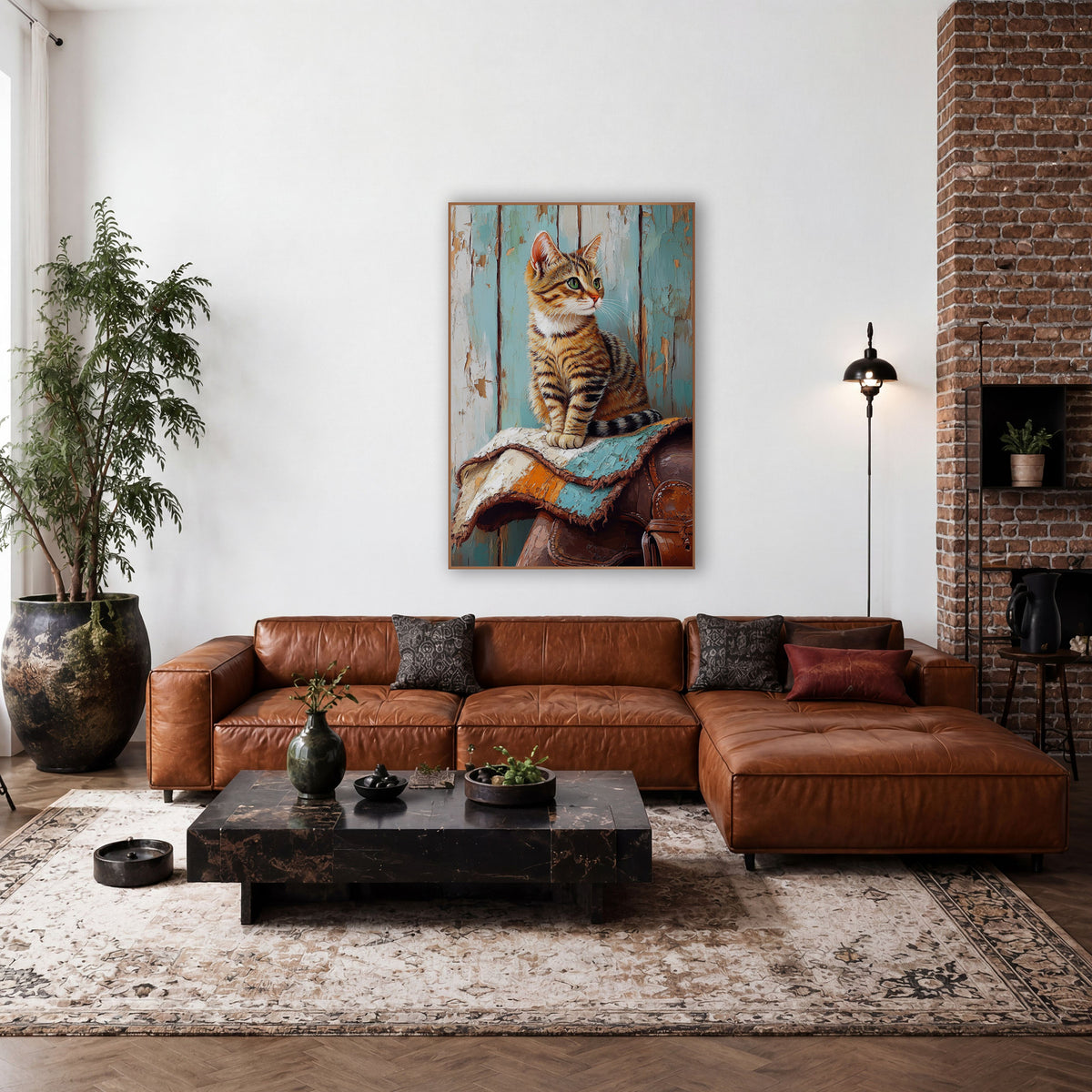 Tabby Cat on Saddle Western wall art in a rustic western-style room – tabby cat with green eyes sitting on a folded